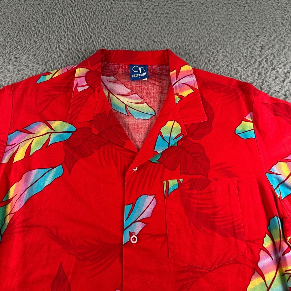 Vtg 80's Ocean Pacific Hawaiian SS Shirt‎ Mens M Red Tropical Made In USA - Picture 2 of 11